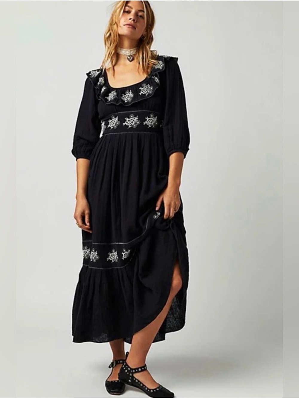 Free People “Lovers Lane” Maxi Dress with White Embroidery